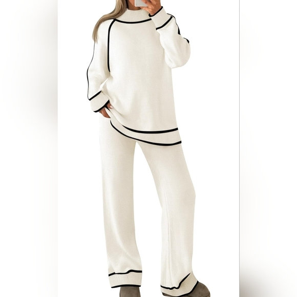 2 Piece Sweater Outfit Loungewear Set, Long Sleeve V Neck W/ Wide Leg Pants - Picture 1 of 11